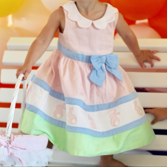 Maggie & Zoe easter bunny appliqué dress toddler girl pastel scallop collar bow - Picture 1 of 9